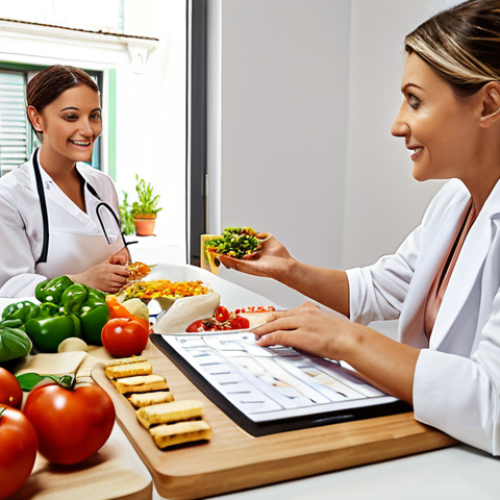 Home 19 **Image Prompt:** A nutritionist consulting with a client, creating a personalized meal plan in a bright, modern office in Italy. Emphasis on healthy Italian food ingredients and a friendly, professional atmosphere.