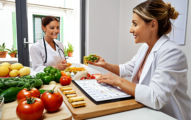 **Image Prompt:** A nutritionist consulting with a client, creating a personalized meal plan in a bright, modern office in Italy. Emphasis on healthy Italian food ingredients and a friendly, professional atmosphere.