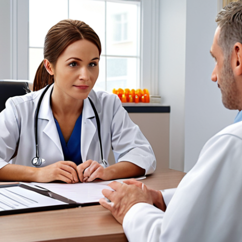 Home 17 ** A nutritionist actively listening to a patient in a warm, inviting office setting. The scene should convey trust and empathy.
**