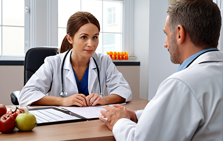 ** A nutritionist actively listening to a patient in a warm, inviting office setting. The scene should convey trust and empathy.
**