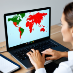 A professional Italian nutritionist, fully clothed in modest business casual attire, is seated at a modern desk, conducting an online teleconsultation via a laptop. The background features a subtly blurred, contemporary office setting with a hint of a world map or global network graphic, symbolizing international reach. The nutritionist has a focused yet approachable expression, demonstrating expertise and connection. Perfect anatomy, correct proportions, natural pose, well-formed hands, proper finger count. High-resolution professional photography, soft studio lighting, crisp focus. Safe for work, appropriate content, fully clothed, professional.