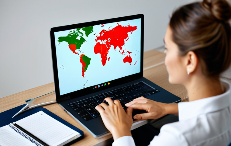 A professional Italian nutritionist, fully clothed in modest business casual attire, is seated at a modern desk, conducting an online teleconsultation via a laptop. The background features a subtly blurred, contemporary office setting with a hint of a world map or global network graphic, symbolizing international reach. The nutritionist has a focused yet approachable expression, demonstrating expertise and connection. Perfect anatomy, correct proportions, natural pose, well-formed hands, proper finger count. High-resolution professional photography, soft studio lighting, crisp focus. Safe for work, appropriate content, fully clothed, professional.