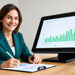A female professional nutritionist, middle-aged, with a gentle and inviting smile. She is dressed in modest, smart casual business attire, consisting of a well-fitted blazer and tailored trousers. She is seated at a modern wooden desk in a brightly lit, contemporary private consulting room. The background shows blurred elements of a cozy and professional office, including a green potted plant, an abstract art piece, and a tablet displaying a nutritional graph. She is leaning slightly forward, making eye contact with an unseen client, holding a pen, appearing empathetic and engaging. Perfect anatomy, correct proportions, natural pose, well-formed hands, proper finger count, natural body proportions, professional photography, high resolution, soft lighting, fully clothed, modest clothing, appropriate attire, professional dress, safe for work, appropriate content, family-friendly.