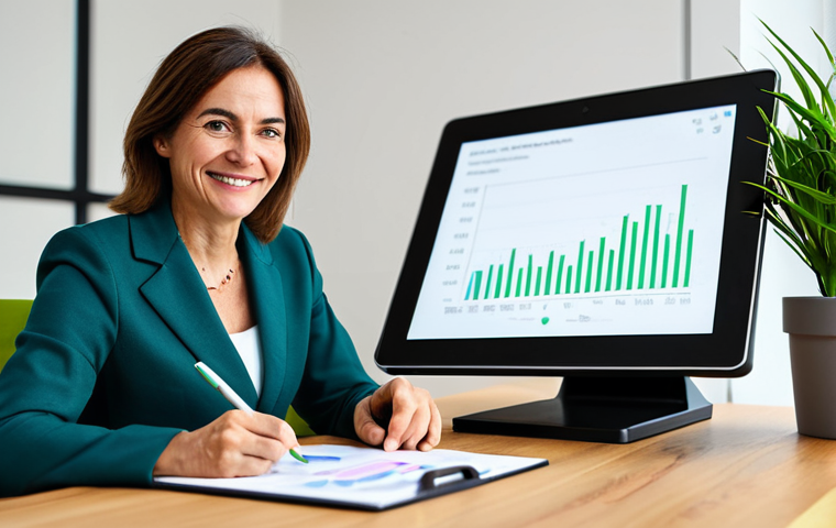 A female professional nutritionist, middle-aged, with a gentle and inviting smile. She is dressed in modest, smart casual business attire, consisting of a well-fitted blazer and tailored trousers. She is seated at a modern wooden desk in a brightly lit, contemporary private consulting room. The background shows blurred elements of a cozy and professional office, including a green potted plant, an abstract art piece, and a tablet displaying a nutritional graph. She is leaning slightly forward, making eye contact with an unseen client, holding a pen, appearing empathetic and engaging. Perfect anatomy, correct proportions, natural pose, well-formed hands, proper finger count, natural body proportions, professional photography, high resolution, soft lighting, fully clothed, modest clothing, appropriate attire, professional dress, safe for work, appropriate content, family-friendly.