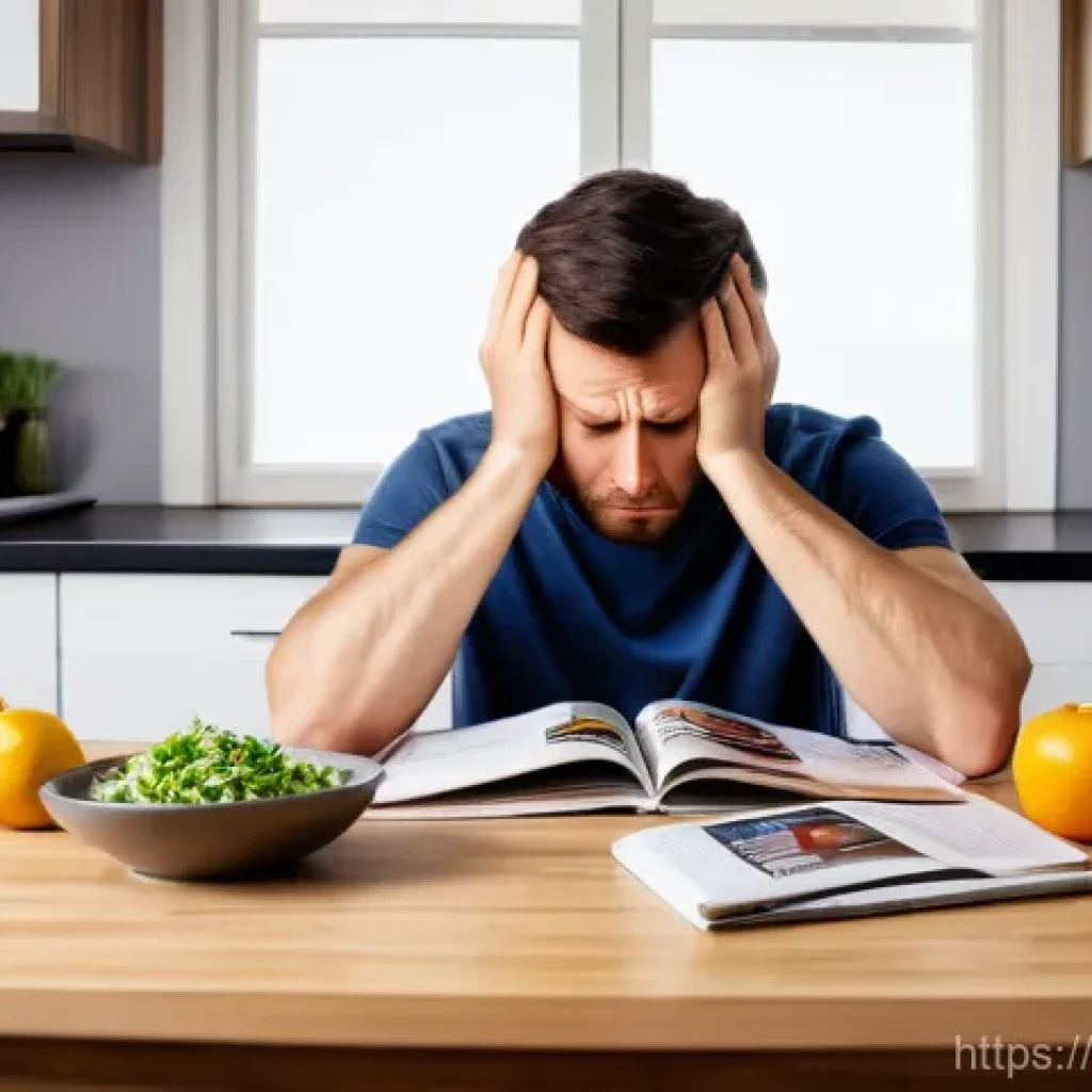 영양사와 개인 맞춤형 식단 - **Overwhelmed by Diets**
    A person in their late 30s, looking stressed and frustrated, sits at a ...