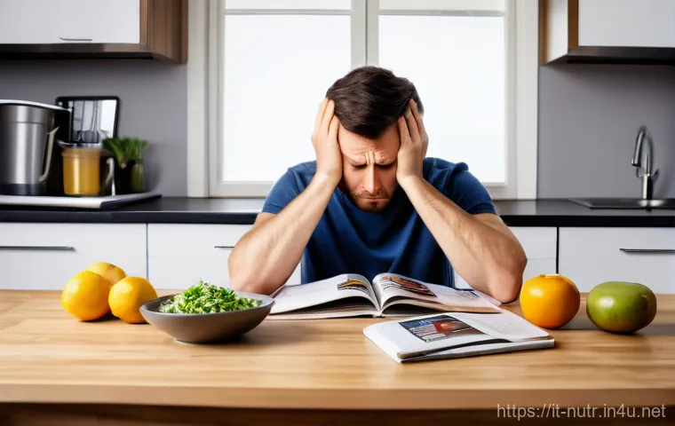 영양사와 개인 맞춤형 식단 - **Overwhelmed by Diets**
    A person in their late 30s, looking stressed and frustrated, sits at a ...