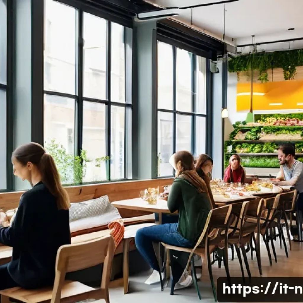 영양사와 급식 산업의 변화 - **Prompt:** A modern, brightly lit collective canteen interior with a sleek, minimalist design. A di...