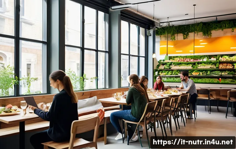 영양사와 급식 산업의 변화 - **Prompt:** A modern, brightly lit collective canteen interior with a sleek, minimalist design. A di...