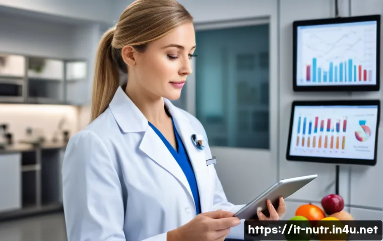 영양사와 국제 자격증 비교 - A professional nutritionist in a modern clinical setting in the United States, wearing smart busines...