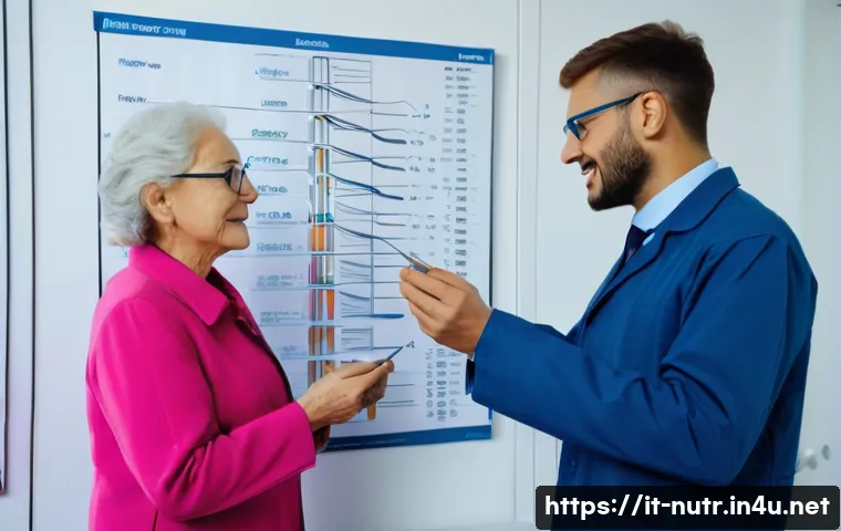 영양사 필수 중점 과목 정리 - A professional nutritionist consulting with an elderly Italian couple in a bright, modern clinic set...