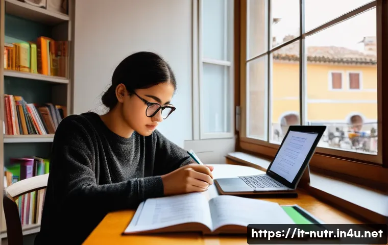 영양사 시험 대비 스터디 전략 - A cozy study room with an Italian student organizing study materials for a nutrition exam, featuring...