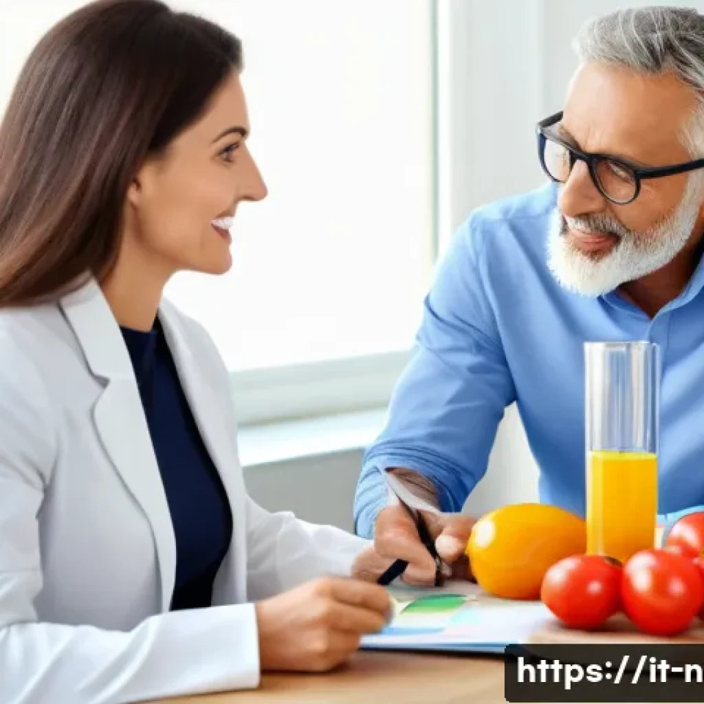 영양사 업무 사례 공유 - A professional nutritionist consulting with a middle-aged Italian patient in a modern clinic setting...