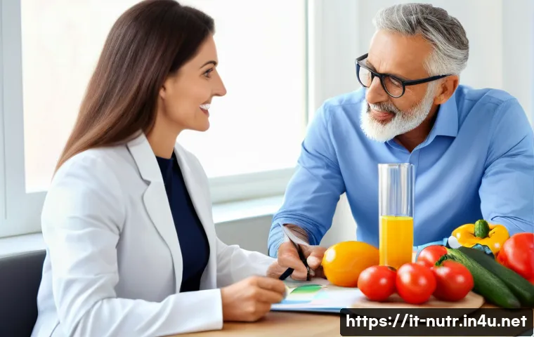 영양사 업무 사례 공유 - A professional nutritionist consulting with a middle-aged Italian patient in a modern clinic setting...