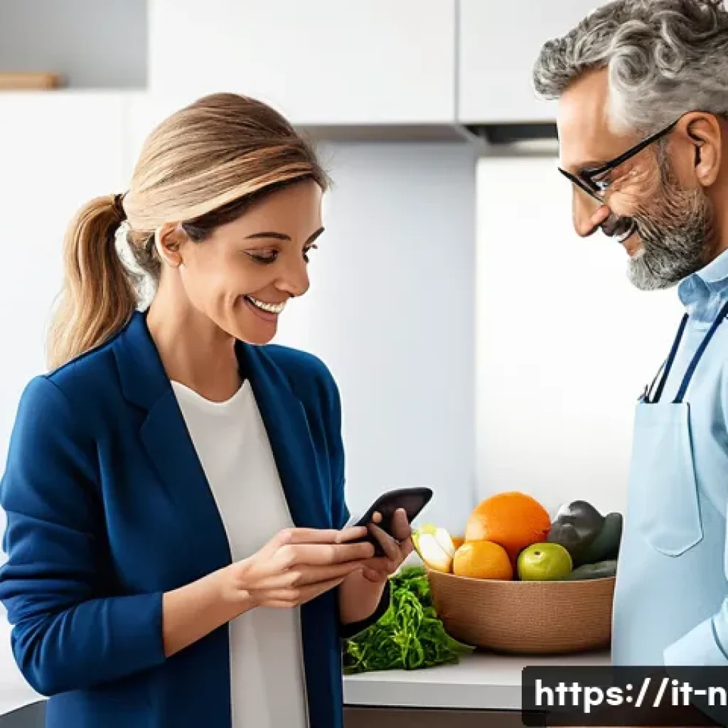 영양사 이론과 실무의 차이 - A compassionate nutritionist consulting with an Italian adult patient in a modern, cozy kitchen sett...