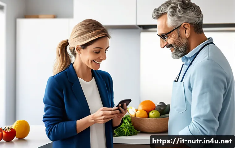 영양사 이론과 실무의 차이 - A compassionate nutritionist consulting with an Italian adult patient in a modern, cozy kitchen sett...