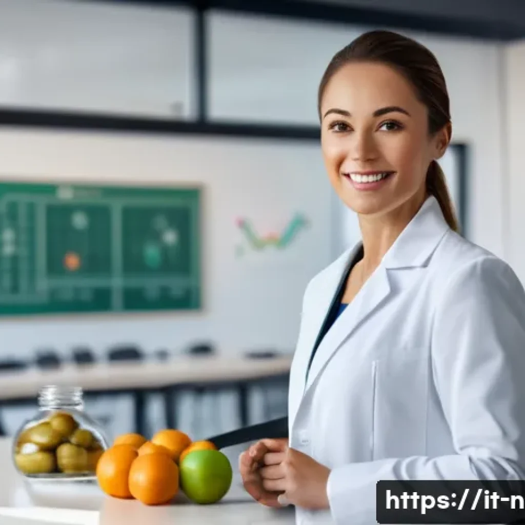 영양사 이직 후 성공 사례 - A professional female nutritionist in a modern clinic setting, dressed in smart casual attire with a...