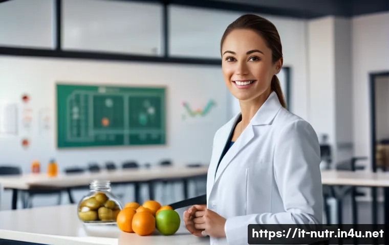 영양사 이직 후 성공 사례 - A professional female nutritionist in a modern clinic setting, dressed in smart casual attire with a...
