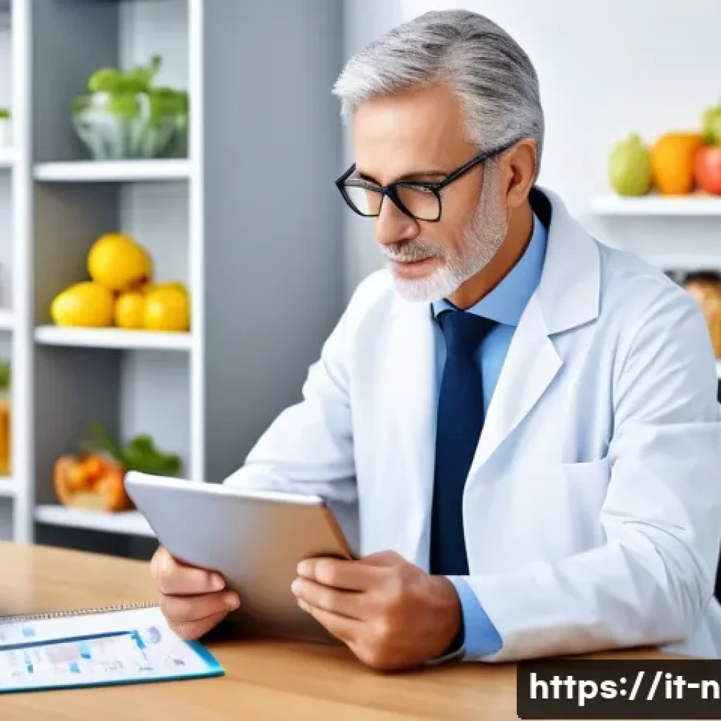 영양사와 관련된 최신 법규 - A modern Italian nutritionist consulting with a middle-aged patient in a bright, professional clinic...