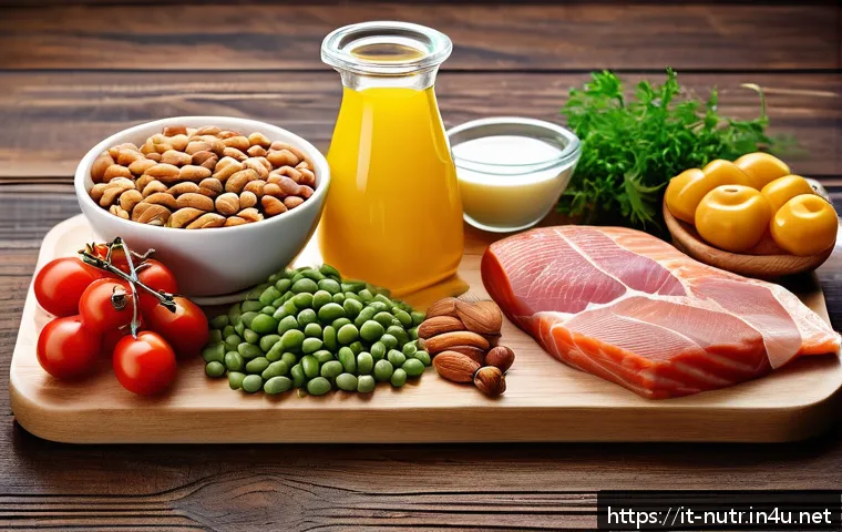 영양사 자격증 기출문제 해설 - A detailed educational illustration showcasing the three main macronutrients: proteins, carbohydrate...