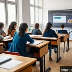 Home 22 영양사 전문 학원 추천 - A modern university classroom in Milan specializing in nutrition studies, featuring diverse students...