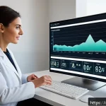 Home 20 영양사 업무와 관련된 최신 기술 - A modern nutritionist’s office in Italy featuring a professional woman analyzing real-time health da...