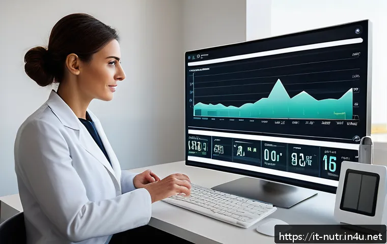영양사 업무와 관련된 최신 기술 - A modern nutritionist’s office in Italy featuring a professional woman analyzing real-time health da...