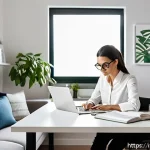 Home 19 영양사와 온라인 교육 활용법 - A professional Italian nutritionist in a modern home office setting, seated at a sleek desk with a l...