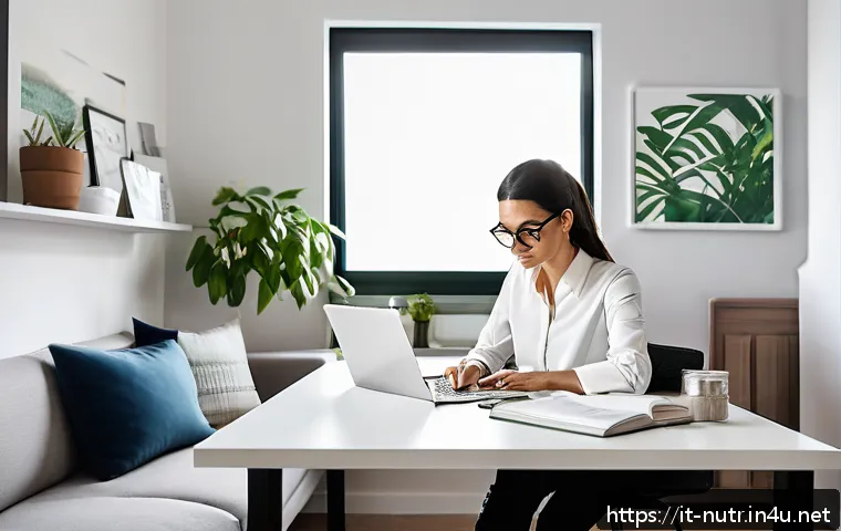 영양사와 온라인 교육 활용법 - A professional Italian nutritionist in a modern home office setting, seated at a sleek desk with a l...