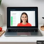 Home 18 영양사 직업의 미래 전망 - A modern digital nutrition consultation scene showing a professional female nutritionist in smart ca...