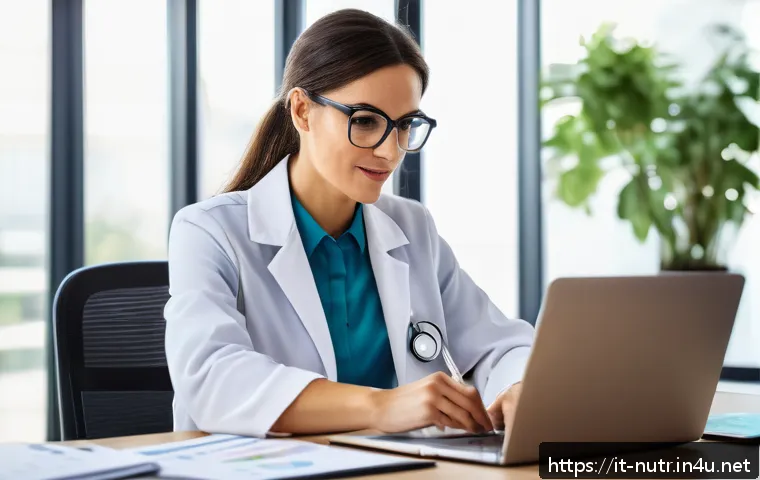 영양사 이직 성공 전략 - A professional Italian dietitian in a modern office setting, engaging in an online webinar on nutrit...
