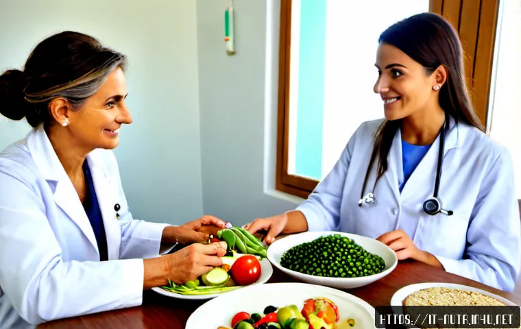 영양사 직업의 사회적 가치 - Photorealistic Italian hospital dietitian consulting with an elderly patient and family member at a ...