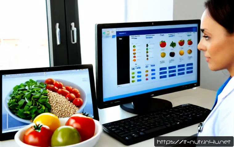 Home 30 영양사 업무 관련 추천 소프트웨어 - Photorealistic Italian dietitian working at a clean modern clinic desk in Milan, viewing a nutrition...