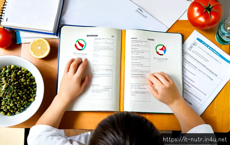 영양사 국가고시 최신 경향 - Photorealistic overhead view of a focused young Italian nutrition student preparing for a profession...