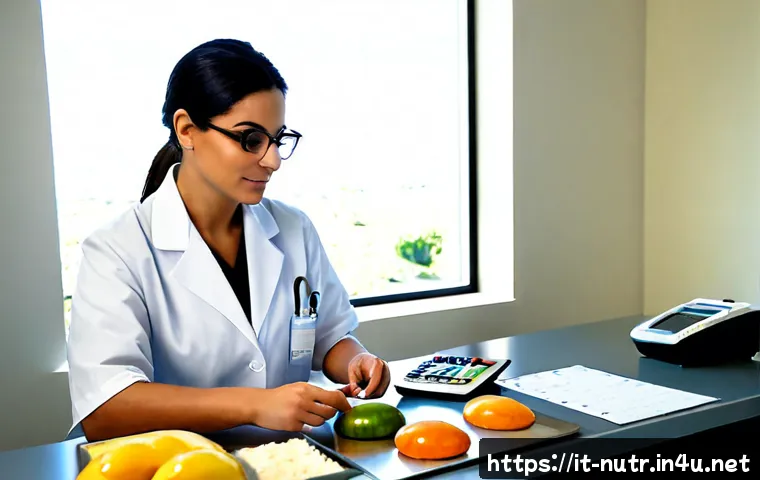 영양사 실무에서 자주 쓰는 이론 - Photorealistic Italian hospital dietitian at a clean modern desk, carefully comparing fresh Mediterr...